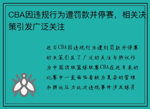 CBA因违规行为遭罚款并停赛,相关决策引发广泛关注 CBA因违规行为遭罚款并停赛,相关决策引发广泛关注