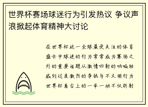 世界杯赛场球迷行为引发热议 争议声浪掀起体育精神大讨论 世界杯赛场球迷行为引发热议 争议声浪掀起体育精神大讨论